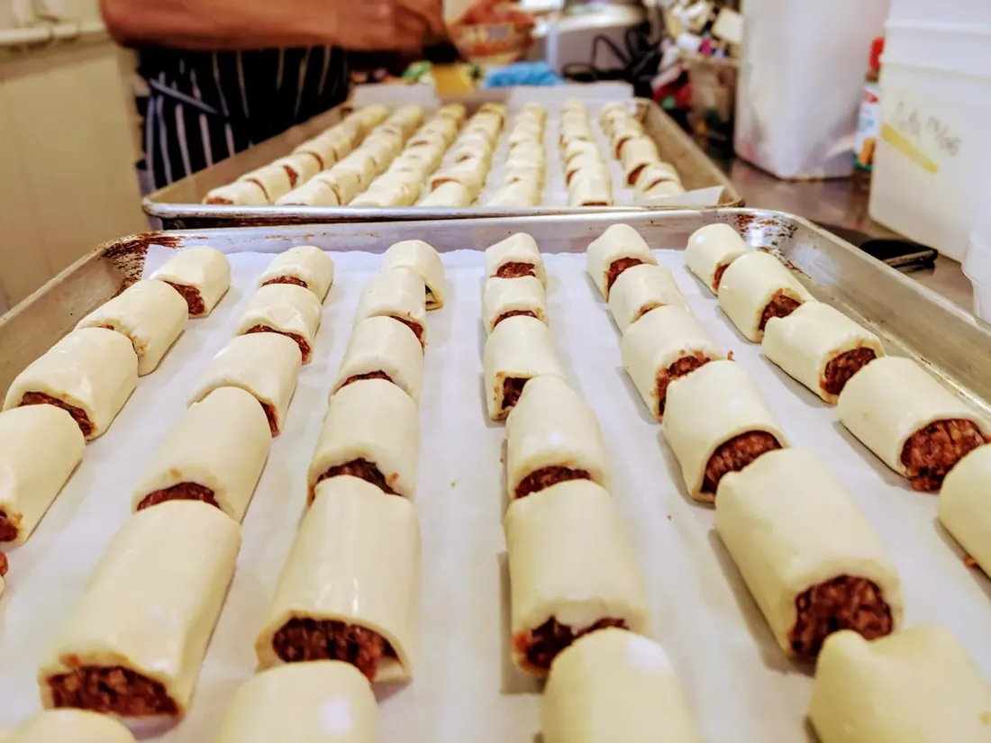 Sausage rolls being prepared
