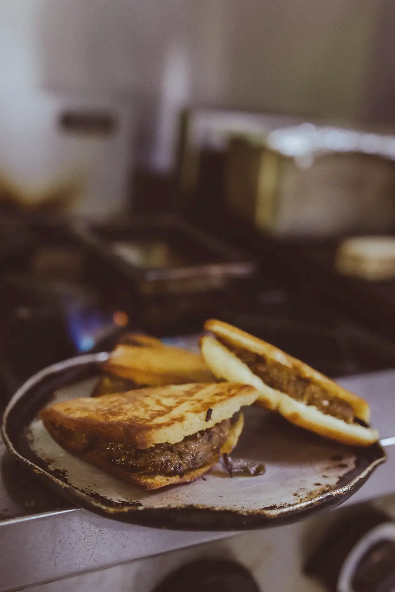 Araies — pita stuffed with Syrian style spiced meat, griddled crisp and cut into wedges